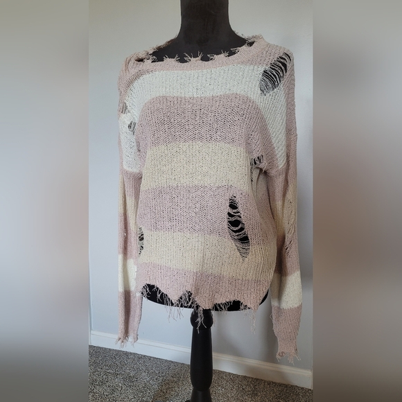 POL Distressed Soft Pink and Cream Striped Light Weight Sweater. Size S. NWOT - Picture 1 of 6
